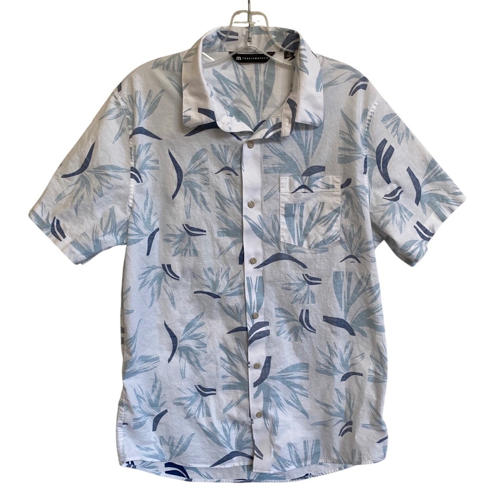 TravisMathew Mens Short Sleeve Button Down Tropical Print Shirt White Blue M - Picture 3 of 13